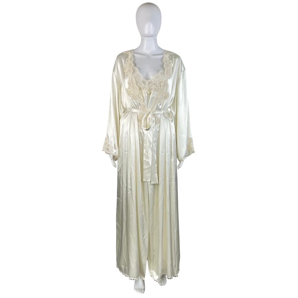 Vintage HALSTON White Ivory Open Front Tie Waist Night Robe Slip Dress (Sz 1X)